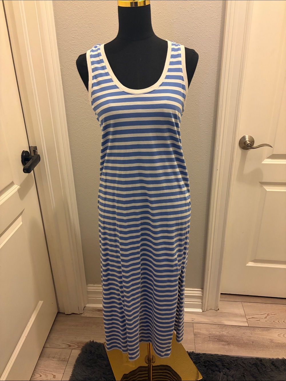PACT Blue and Cream Striped Tank Maxi Dress New Small